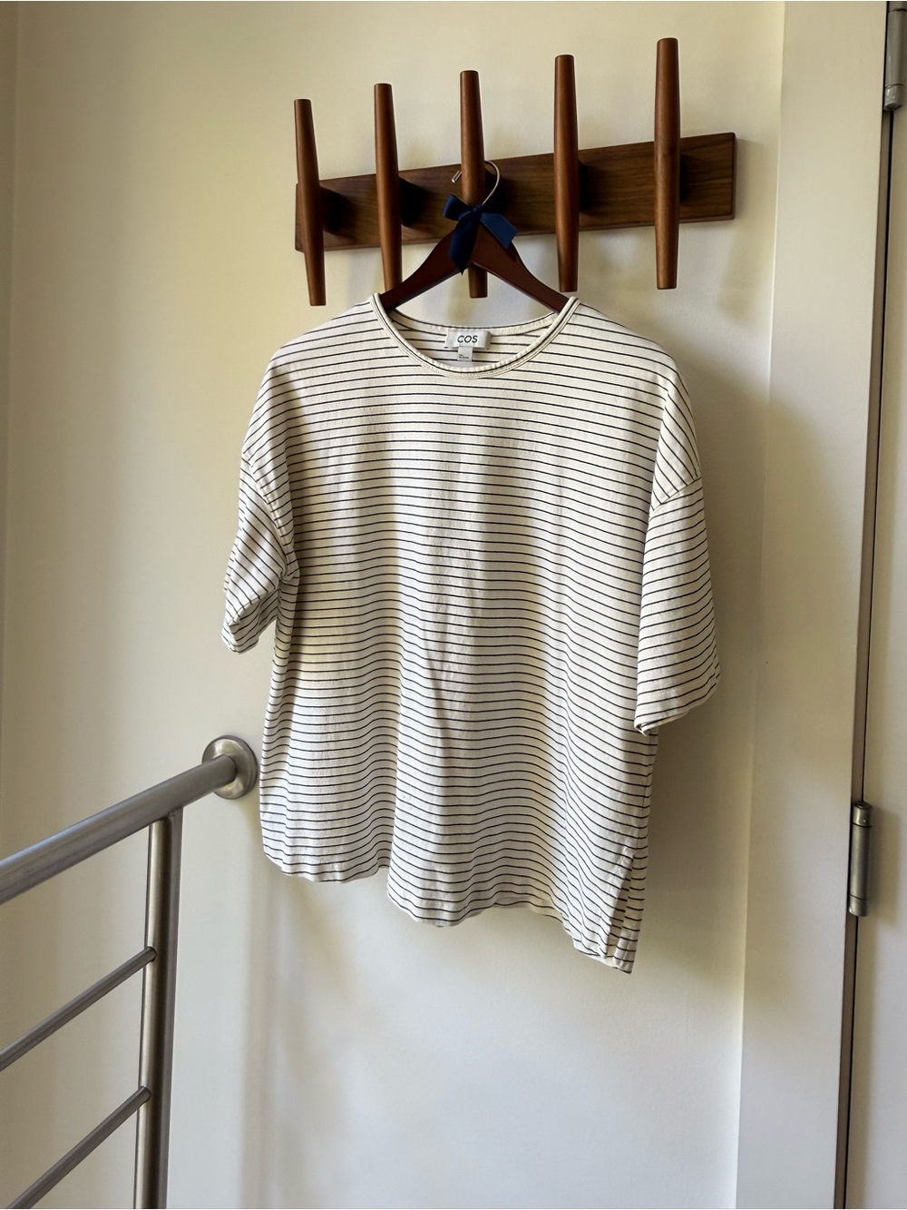 COS Cream Tee with Thin Black Stripes - Short Sleeve
